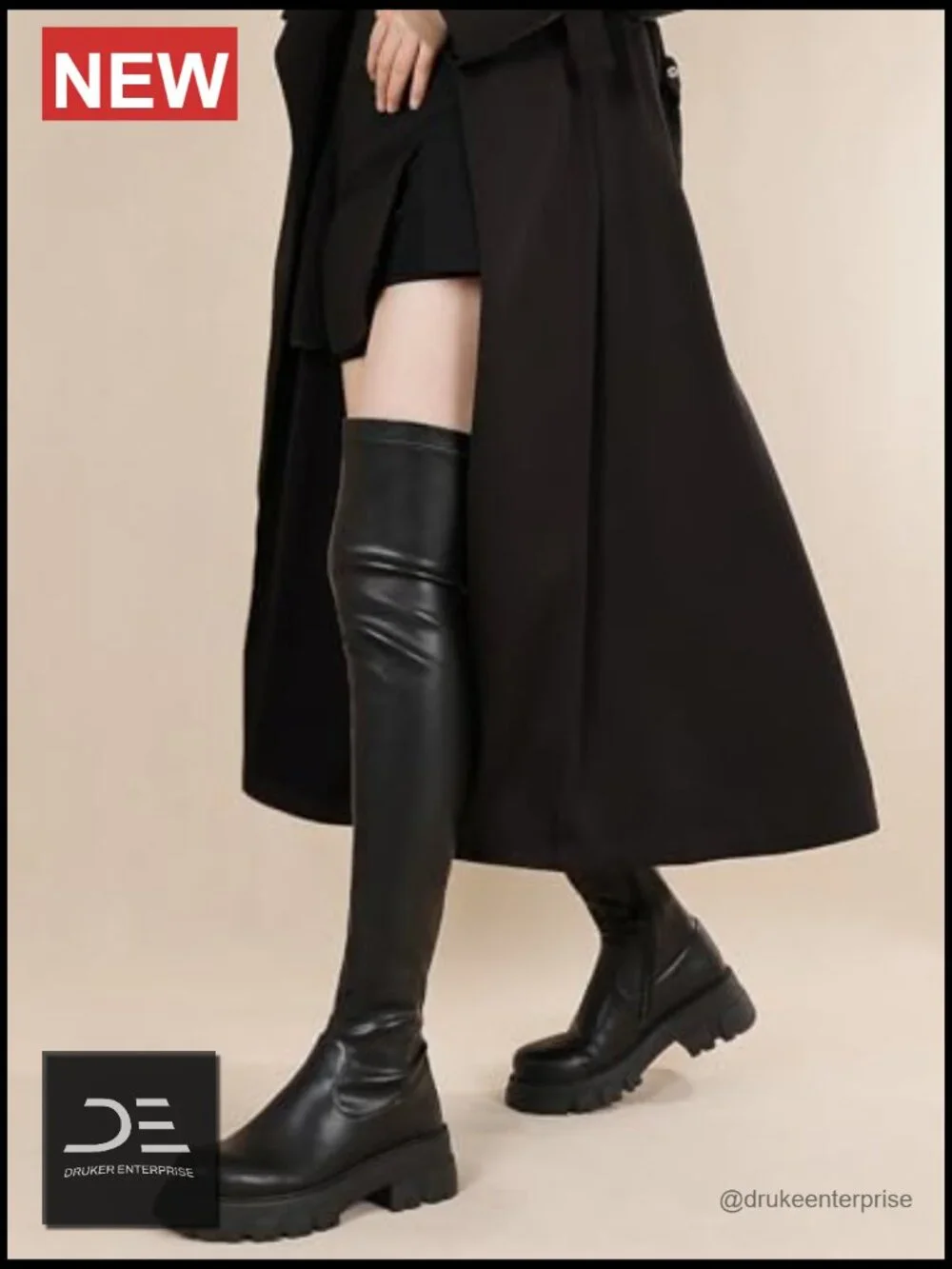 Over the Knee Boots Platform Block Heel Side Zip Stretch PU Leather